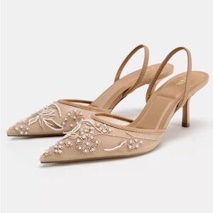 Zara NWT Elegant Mesh Embroidered Slingback Heels